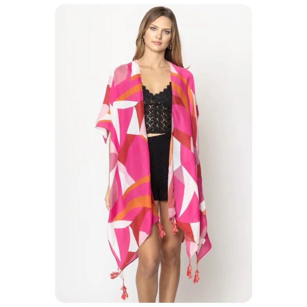 NWT Do Everything In Love Abstract Print Fuchsia Pink Orange Kimono / Cover-up